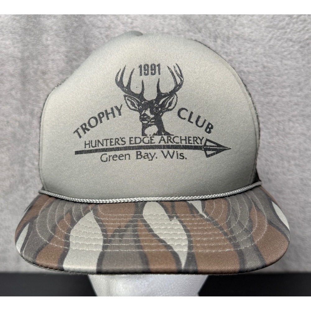 San Sun Trucker Hat Mens OSFA Gray Vintage 1991 Hunters Edge Archery Camo Brim